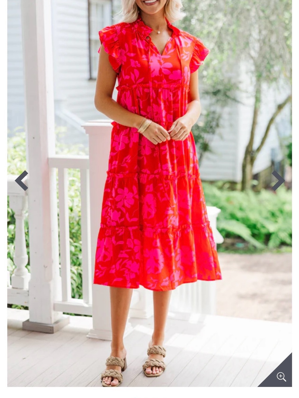 NWOT Jodifl Tiered Midi Dress Size Large Red & Pink